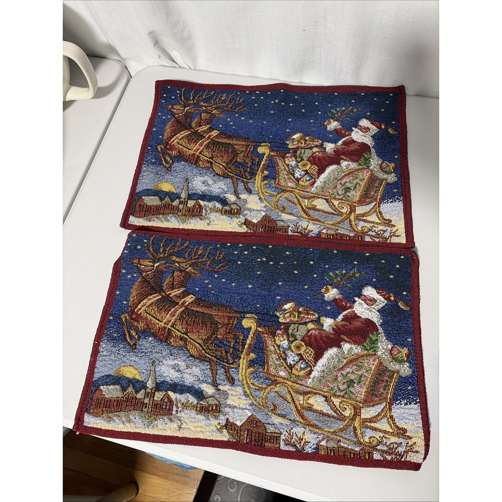 Set Of 2 Merry Christmas Tapestry Placemats Folk Art Santa & Reindeer 16x11